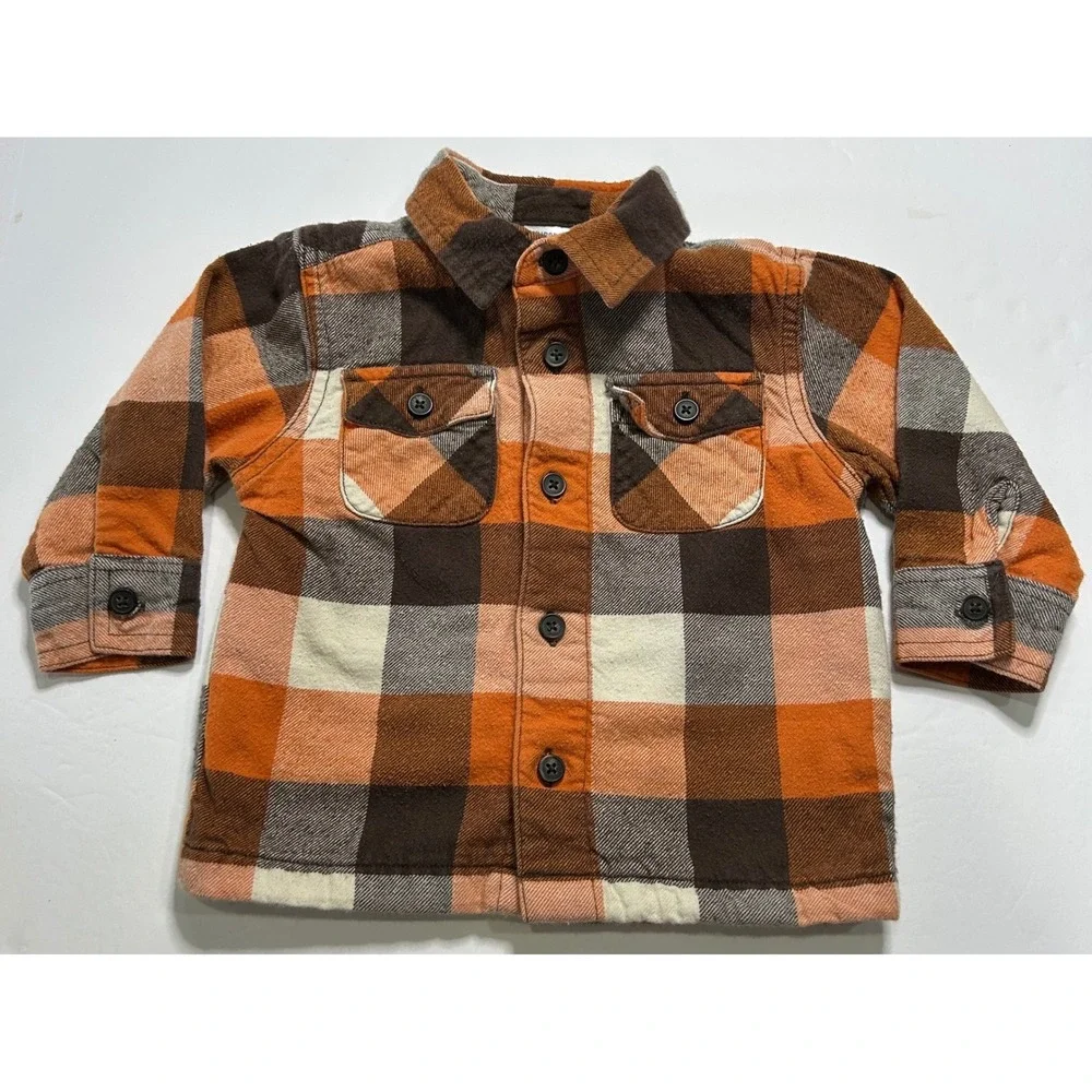 Gymboree Boys Plaid Flannel Shirt‎ Orange Brown Cream Gray Size 12-18 Months